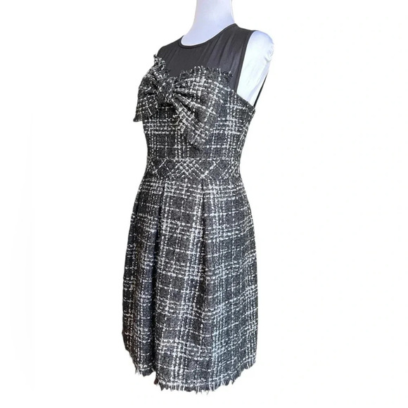Trina Turk Black White Tweed Plaid Sheer Neck Bow Dress Size 4 - Picture 2 of 7